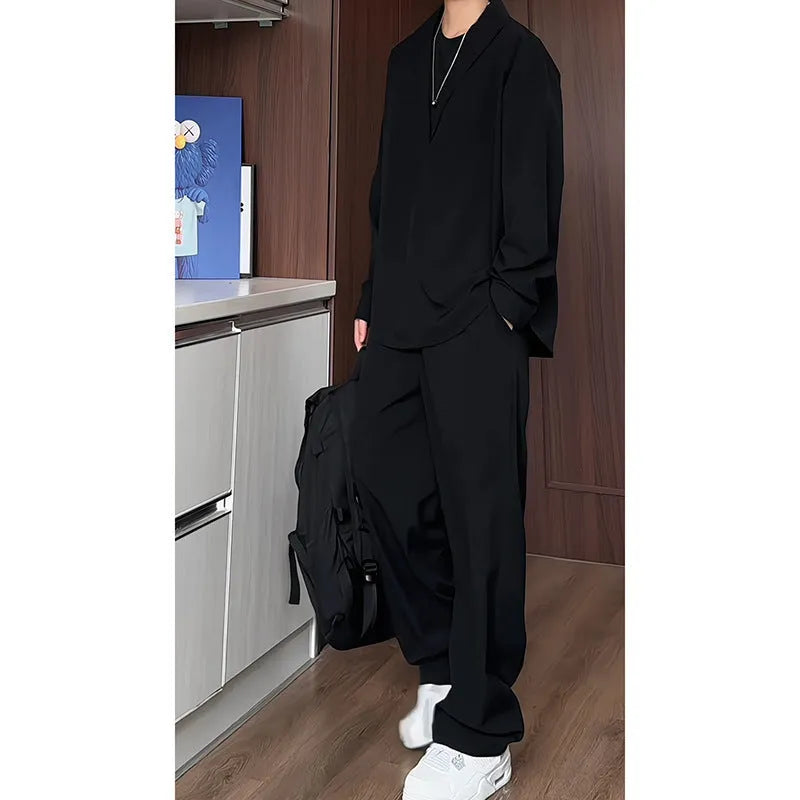 Men's black slim fit polo shirt and trousers two-piece suit in hemp fabric