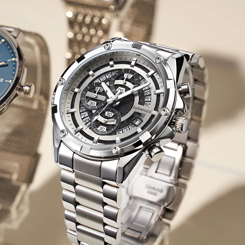 Men's waterproof luminous quartz watch with steel belt in black silver or gold surface options 10mm thickness