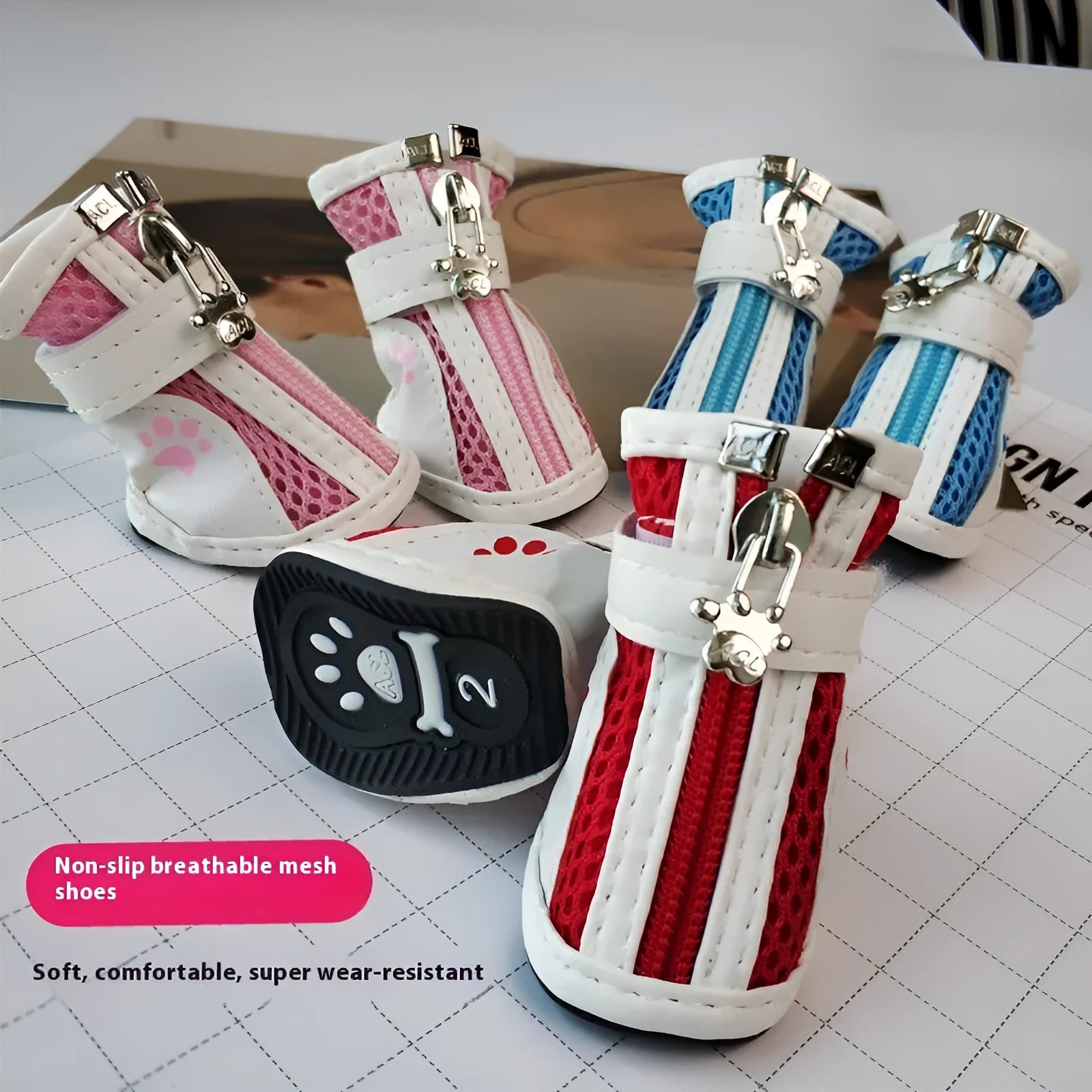 Blue zipper dog shoes for small dogs with non-slip soles