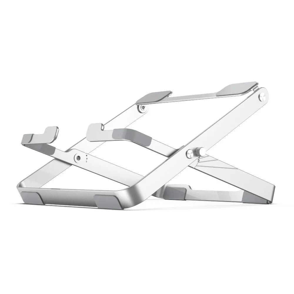 Folding aluminium alloy laptop stand in silver grey, adjustable for 11-18 inch laptops and tablets