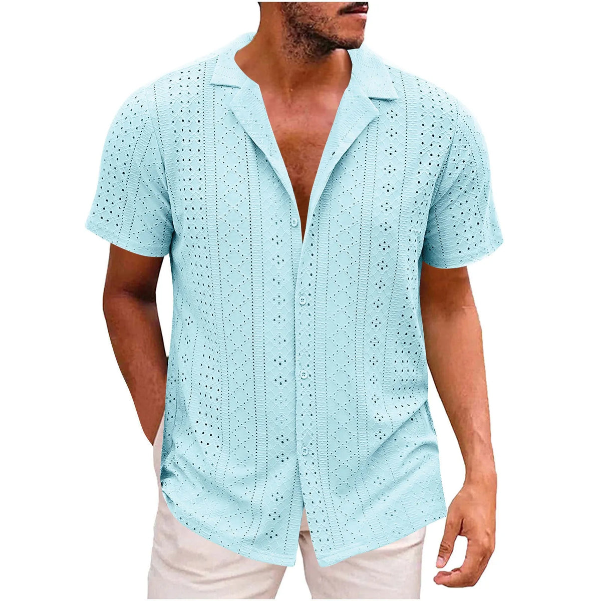 Men's breathable lightweight polyester casual shirt with lapel collar, regular fit, in white, black, wine red, grass green, light blue, purple, dark green.