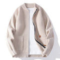 Men's beige and black striped cardigan jacket with a straight fit on a hanger.