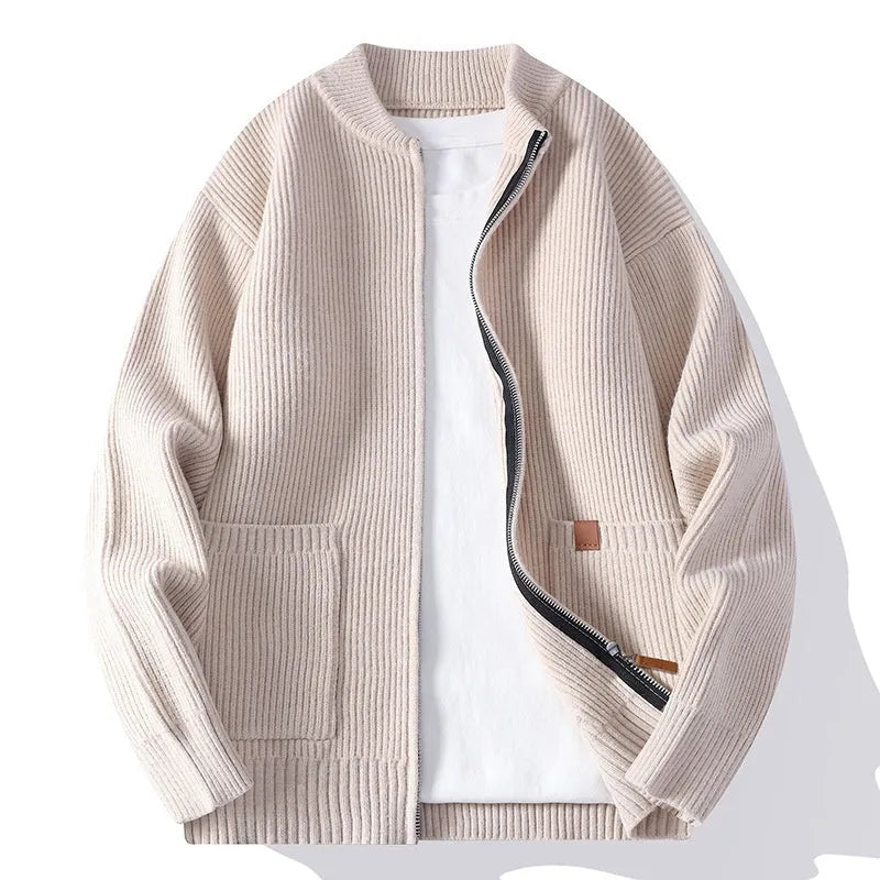 Men's beige and black striped cardigan jacket with a straight fit on a hanger.