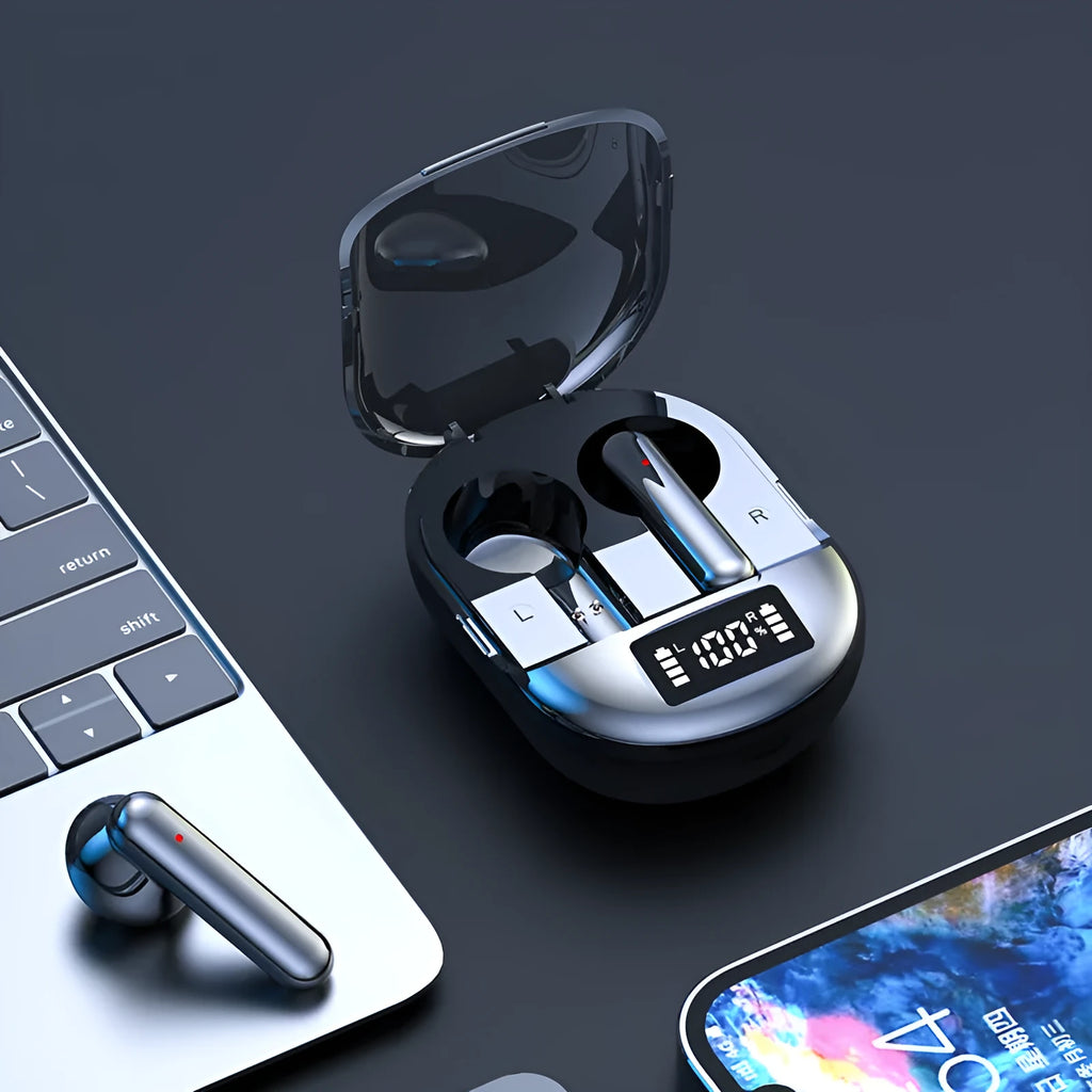 Black and white wireless Bluetooth in-ear headset with charging case showing digital display