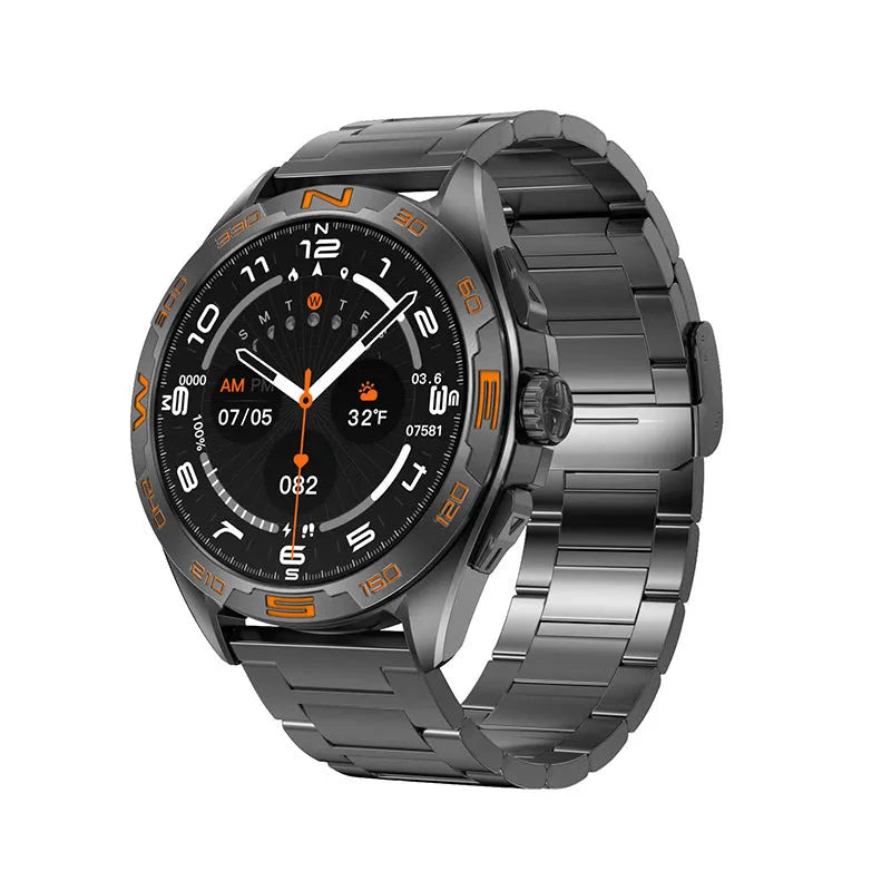 Men's smart watch displaying health metrics on screen, shown in black steel and silver colour variants.
