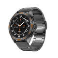 Men's smart watch displaying health metrics on screen, shown in black steel and silver colour variants.