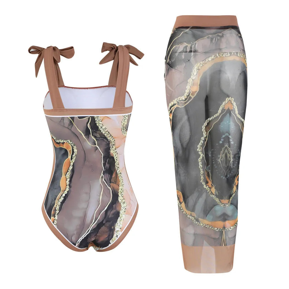 Floral-printed conservative one-piece swimsuit with mesh tube top and matching skirt