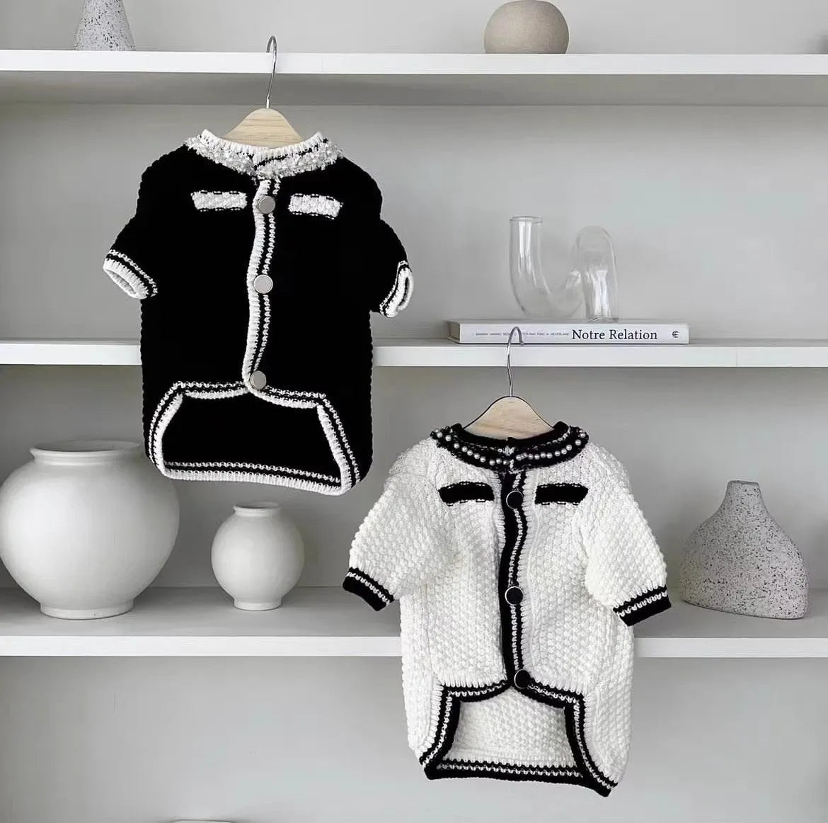 Korean princess style white dog sweater with pearl collar for small breed dog
