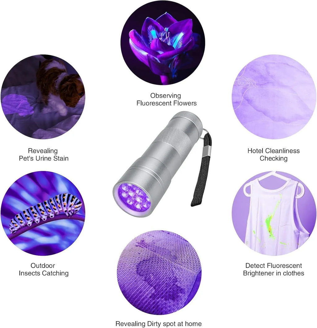 Black aluminium UV flashlight with purple LED for detecting pet stains and pests