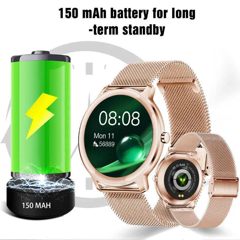 Women's silver smart watch with stainless steel mesh band and black touch screen displaying time.