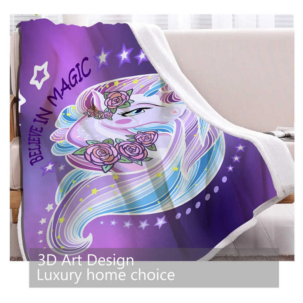 Purple unicorn Sherpa fleece blanket with hemmed edges, available in 130x150cm and 150x200cm
