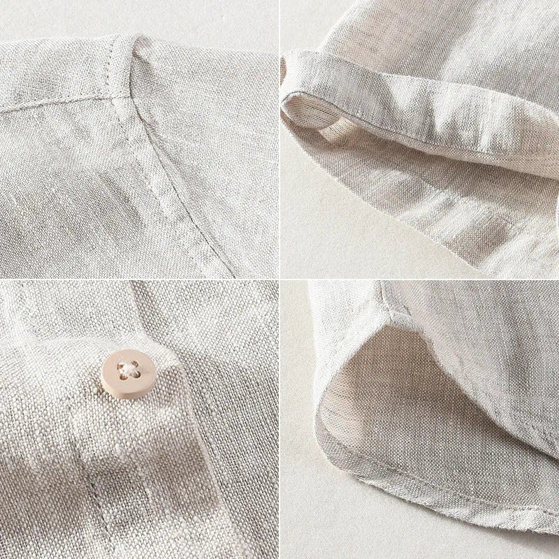 Men's linen short sleeve shirt with square collar in raw jute colour