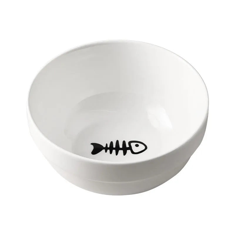 White ceramic pet bowl with cat footprints pattern in black iron cat ear frame