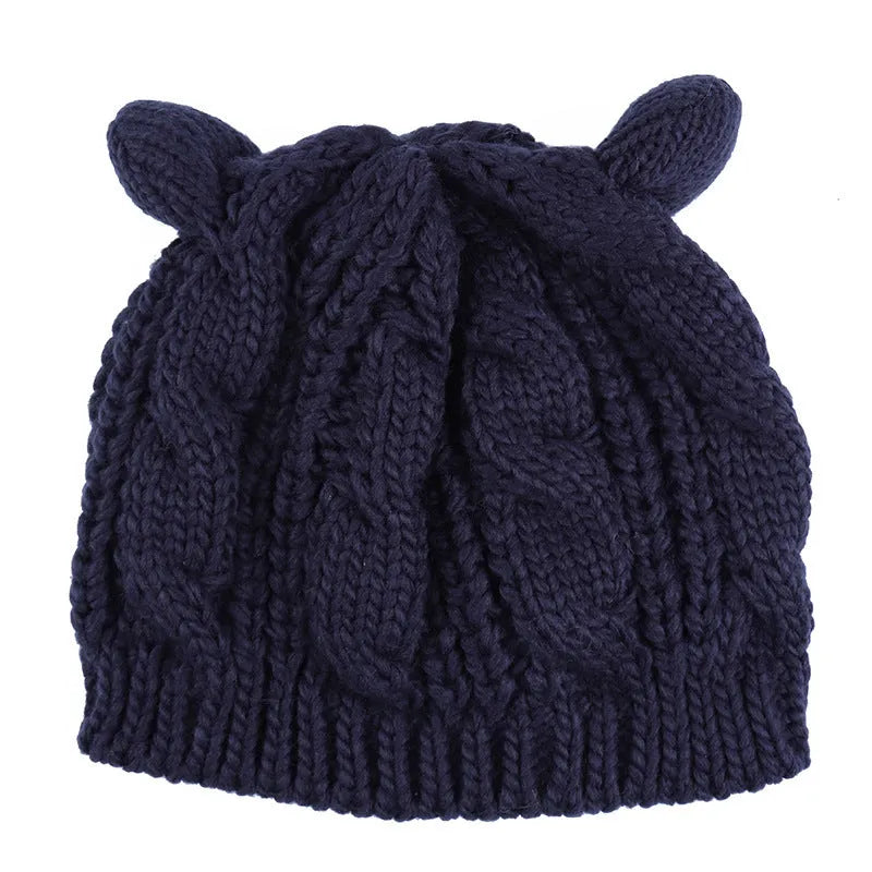 Hand-made knitted winter beanie with 3D cat ears in multiple colour options