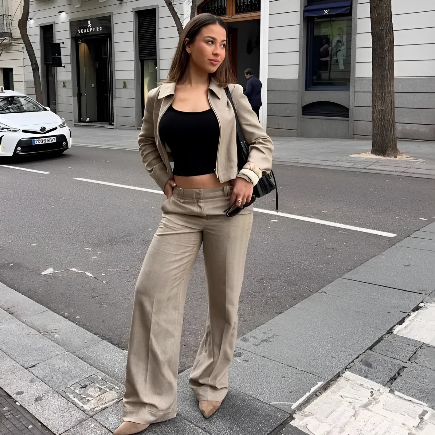 Women's herringbone pattern casual suit set with long sleeve coat and straight-leg trousers featuring 3D embroidery detail