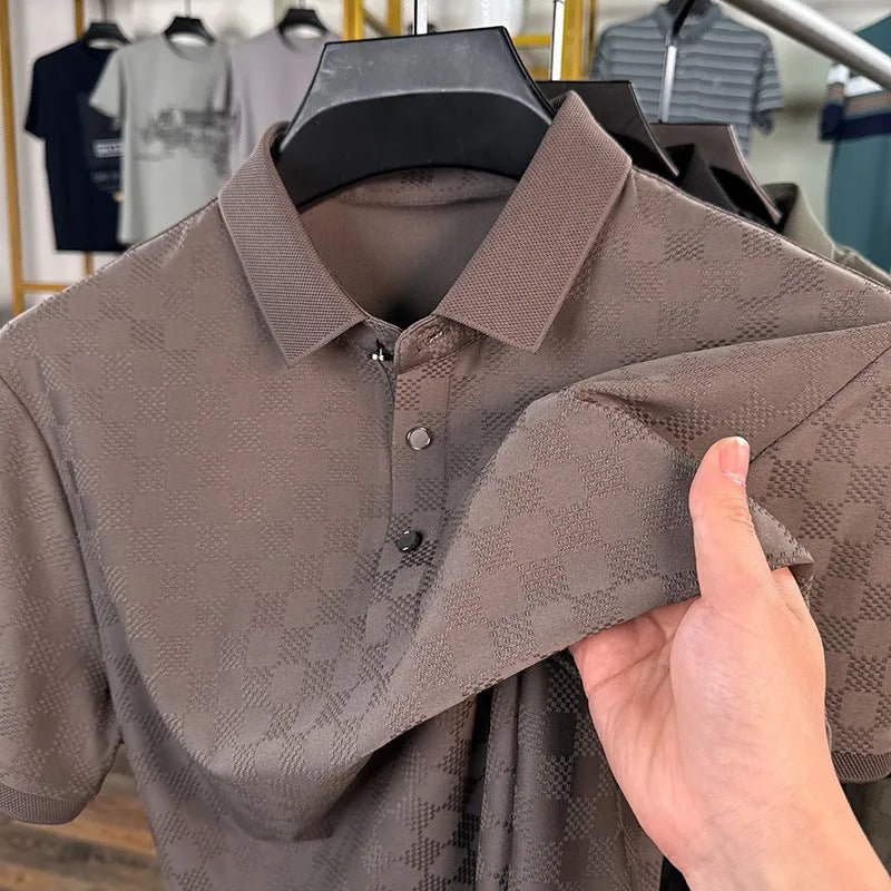 Rhombus pattern thin ice silk short sleeve T-shirt shown in black colour with a visible side slit design detail.