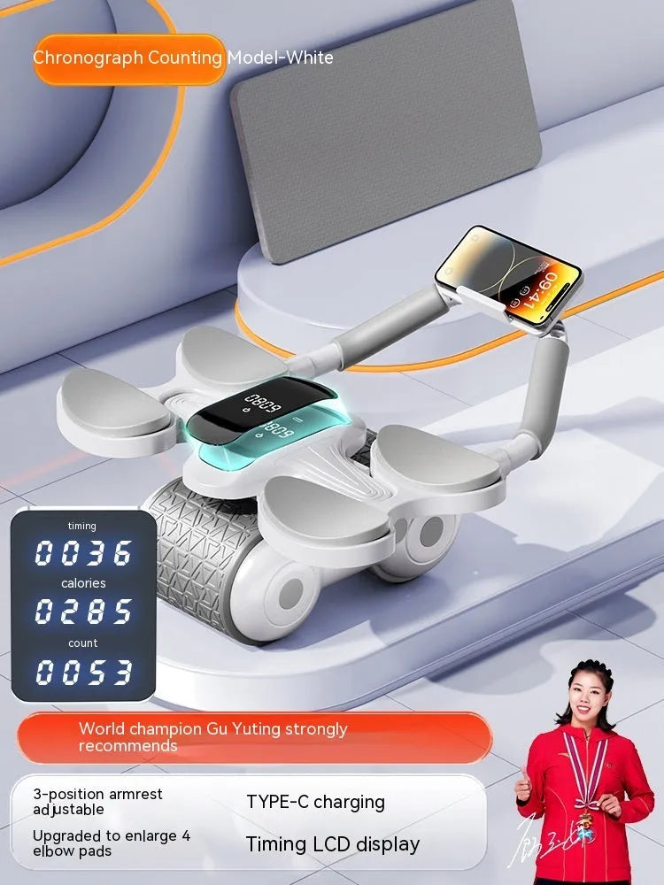 White fitness roller equipment with LED timing screen for abdominal workouts