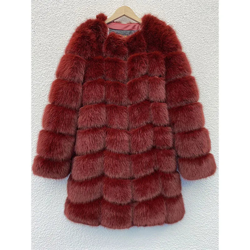 Women's artificial fur coat in apricot colour with regular sleeves and 80cm length