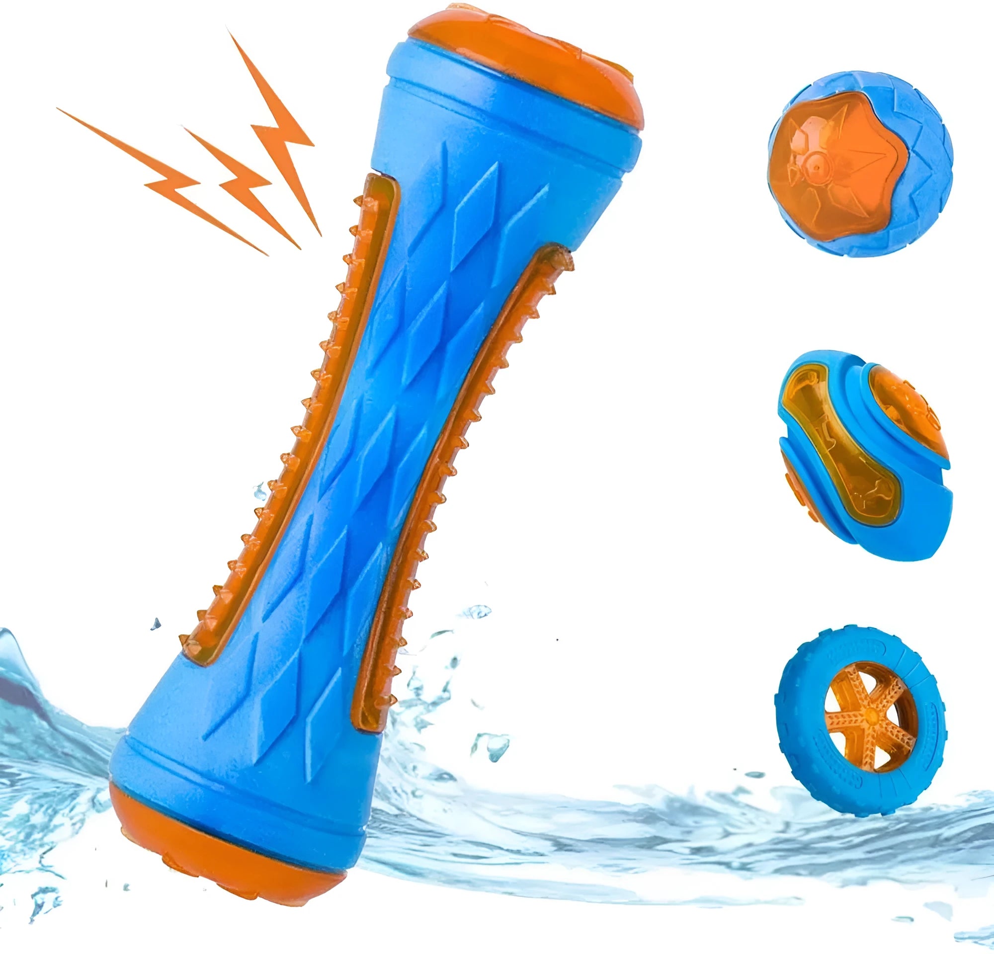 Set of three floating dog toys: a blue squeaky ball, an orange barbell, and red tyres on a beach.