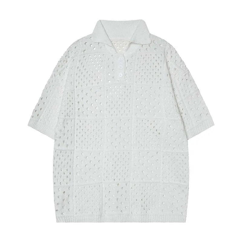 Solid colour loose-fit short-sleeved polo shirt with a hollow-knit design on a hanger.