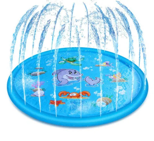 Blue PVC children's water spray mat with marine animal print measuring 100cm by 170cm