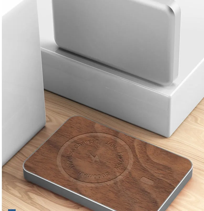 Khaki-coloured magnetic wireless charging bank with 5000mAh capacity and USB port