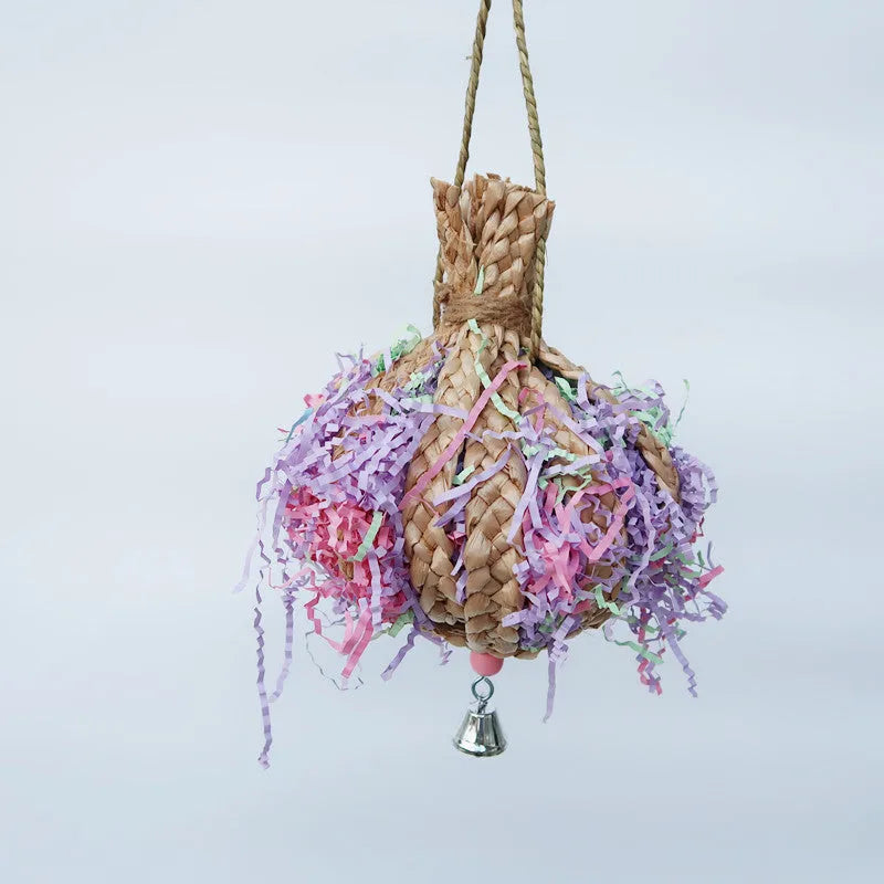 Straw paper parrot chew toy with rope, approximately 15cm diameter and 23cm length, bite resistant