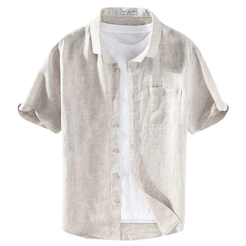 Men's linen short sleeve shirt with square collar in raw jute colour
