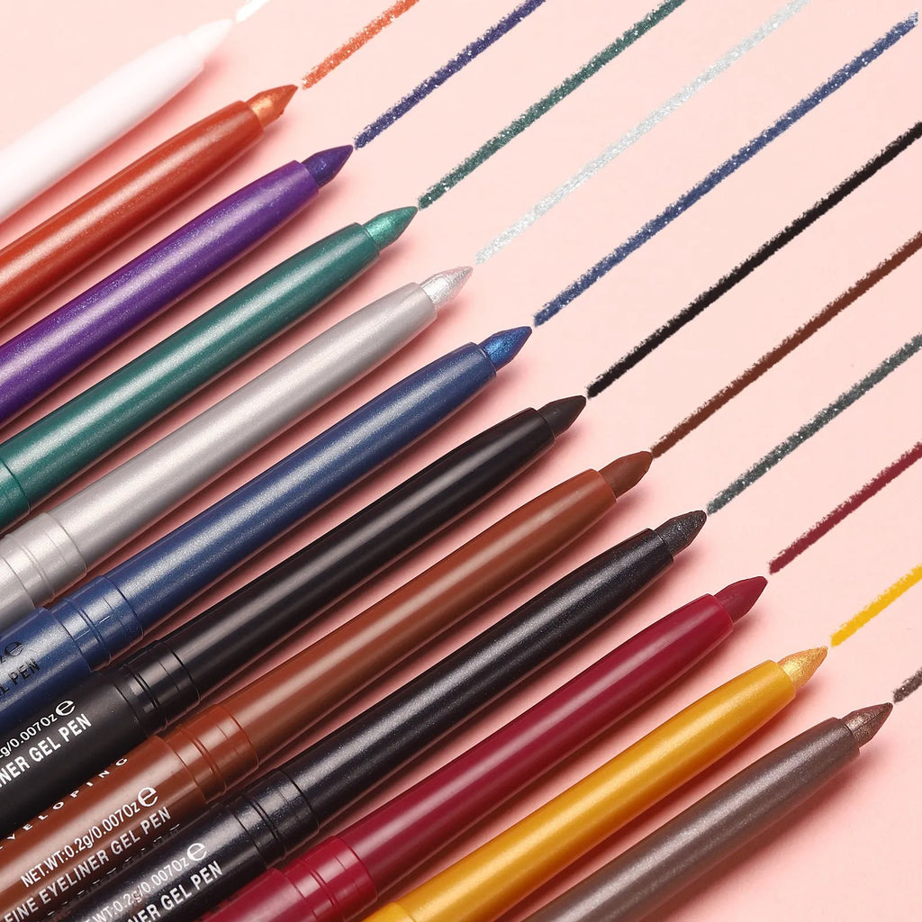 12 colourful gel glitter eyeliner pencils set showing matte metallic and pearl finishes