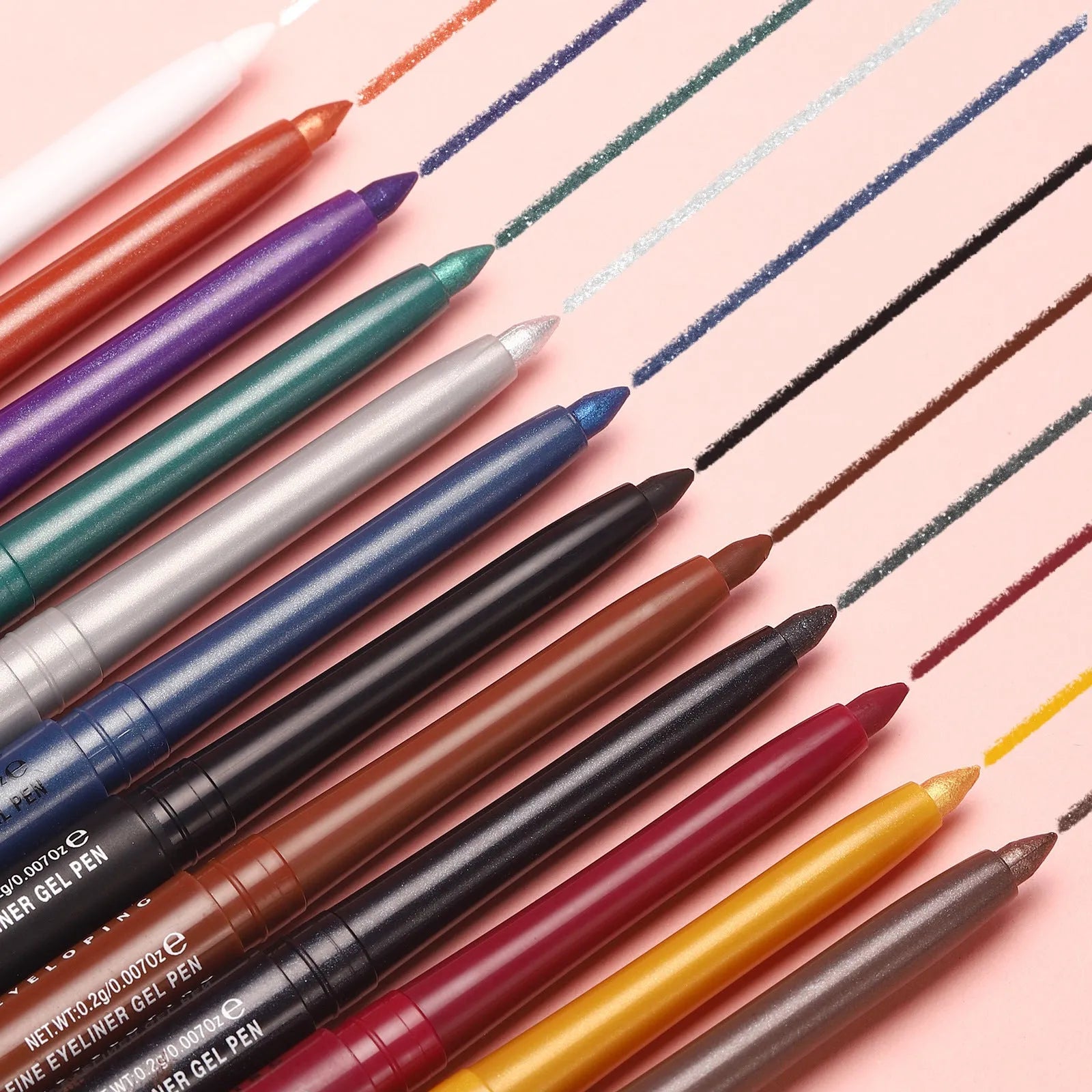 12 colourful gel glitter eyeliner pencils set showing matte metallic and pearl finishes