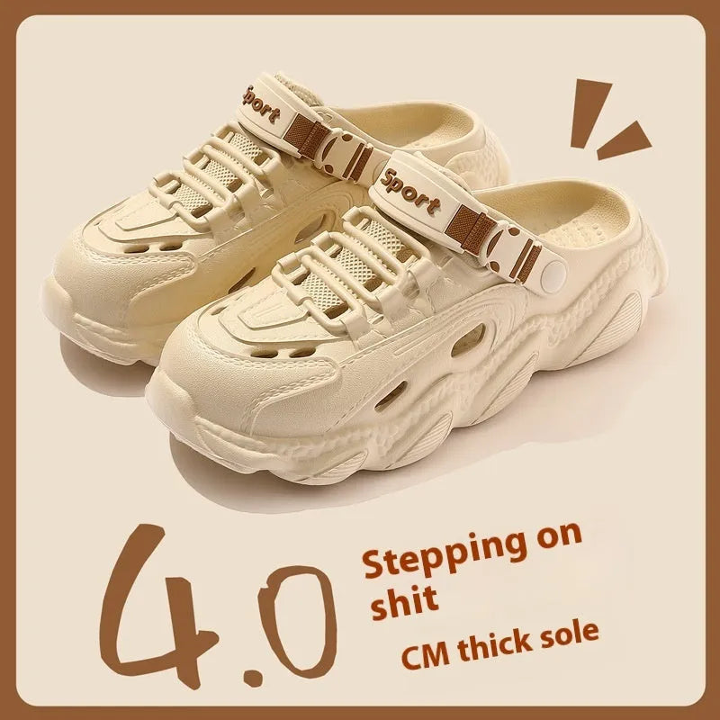 Men's khaki outdoor slippers showing hollow out breathable design and textured non-slip EVA sole.