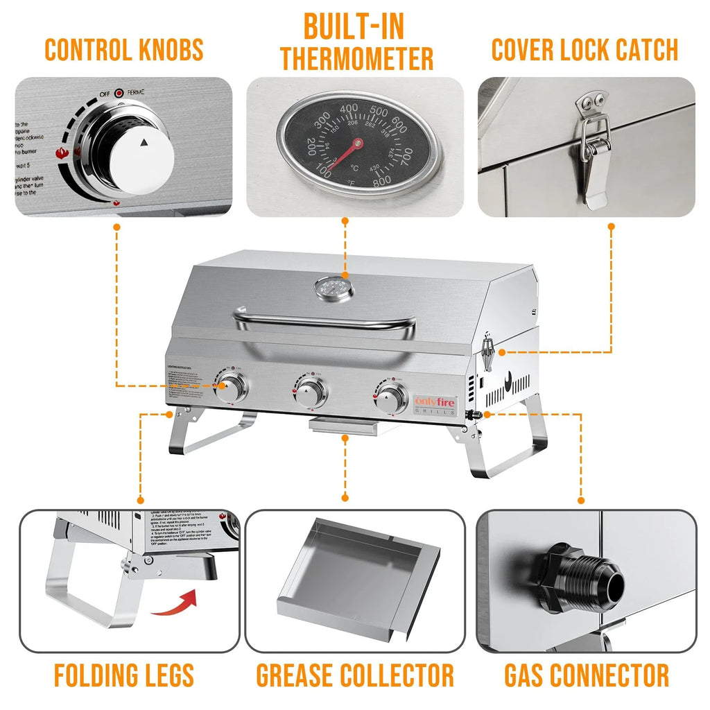 Silver desktop gas barbecue grill with three burners and foldable legs