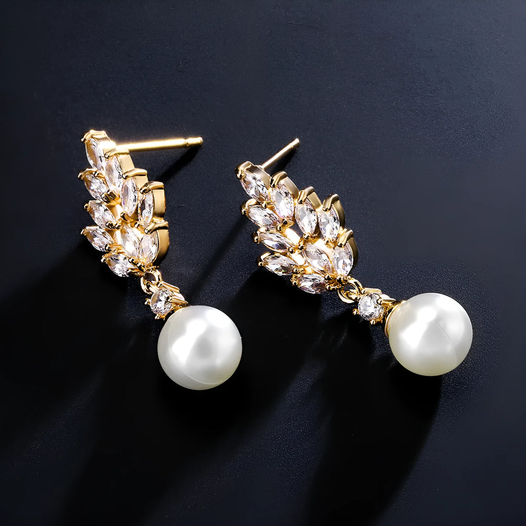 Geometric flower earrings with micro inlaid zircon pearls in gold, white gold, and rose gold plating options