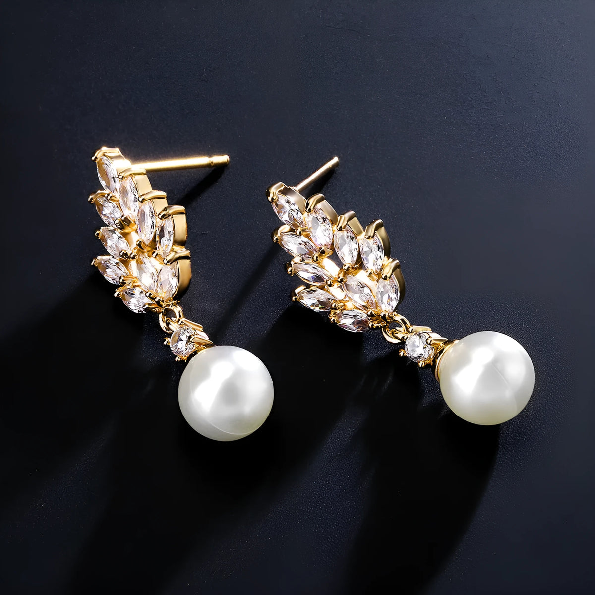 Geometric flower earrings with micro inlaid zircon pearls in gold, white gold, and rose gold plating options
