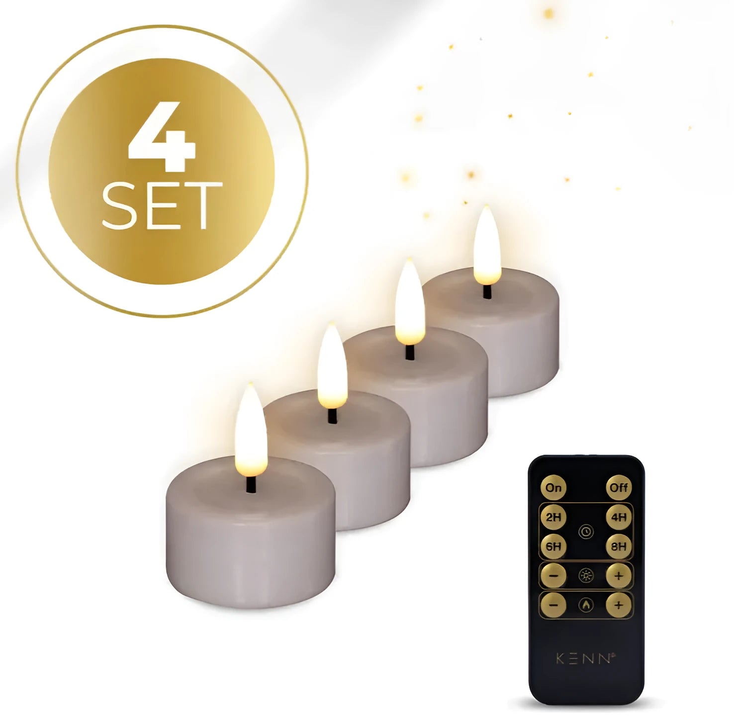 Taupe-coloured LED tealight candles with realistic wax finish, shown with illuminated flameless light