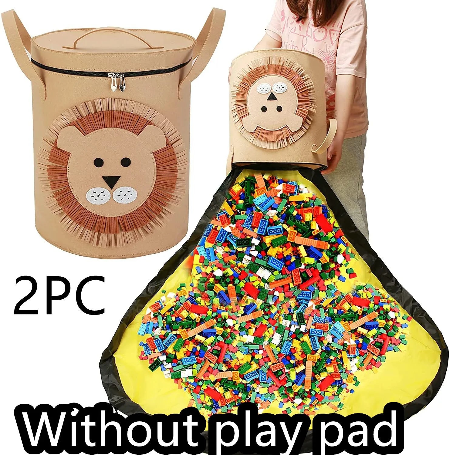 Green felt cube storage bag with pull rope that converts into a flat play mat for toys.