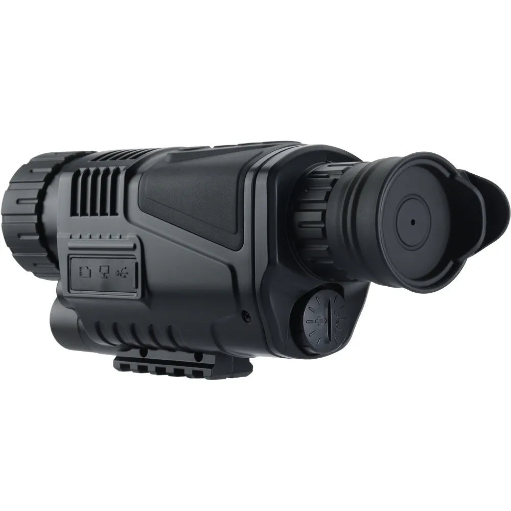 Black digital night vision telescope with 40mm lens, rubber-coated body, shown with storage bag and cables.