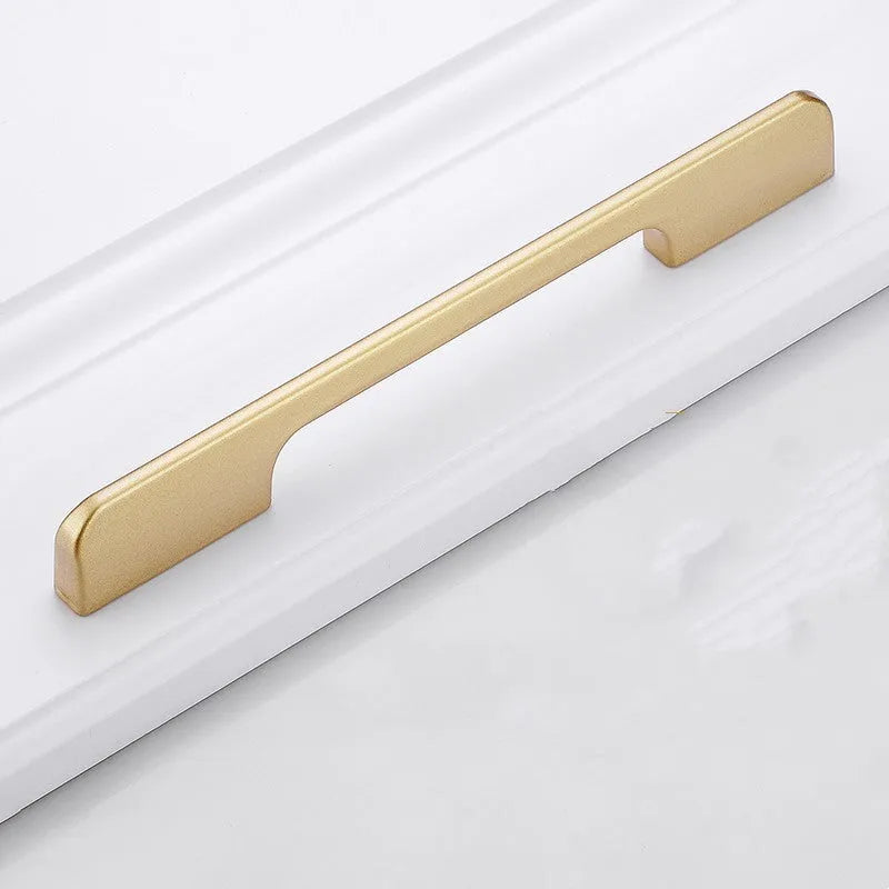 Gold aluminium T-shape cabinet door handle showing three hole distance options
