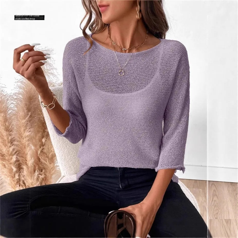 Women's off-shoulder knit top in thin polyester fabric with 3D pattern and 3/4 sleeves.