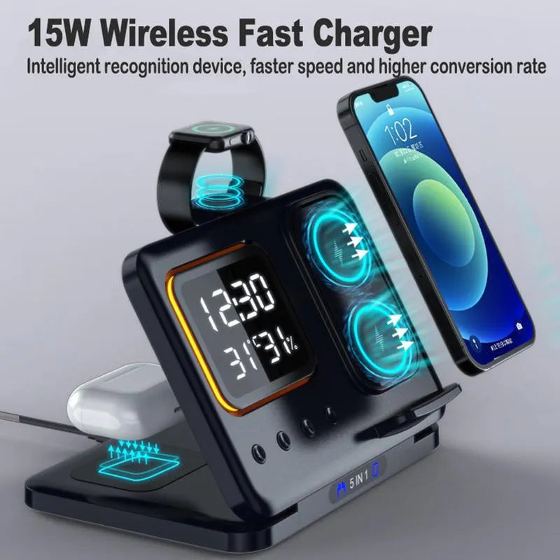 Black wireless charging station with digital clock displaying time and temperature charging phone and watch