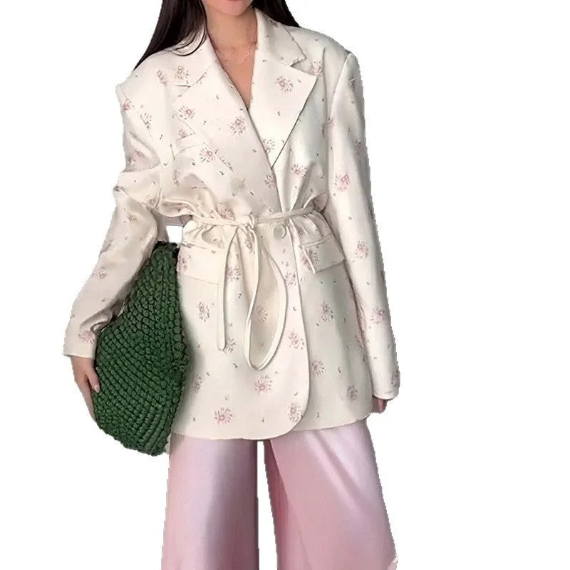 Collar lace-up waist-tight suit jacket with floral print pattern and adjustable waist