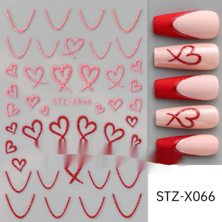 Cartoon love pattern nail art sticker decals in black and silver colours on a plastic sheet.