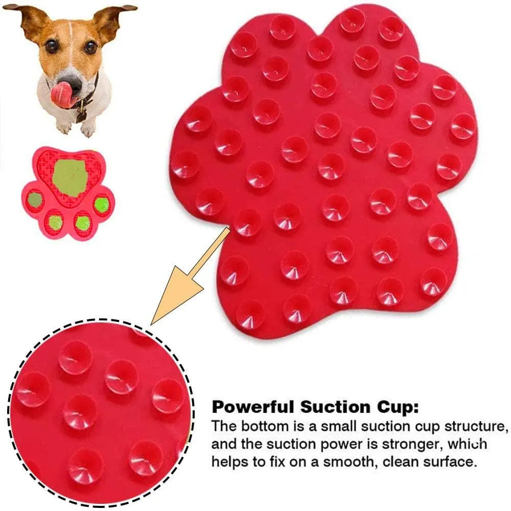 Square blue silicone dog licking mat with bone texture and suction cups on back.