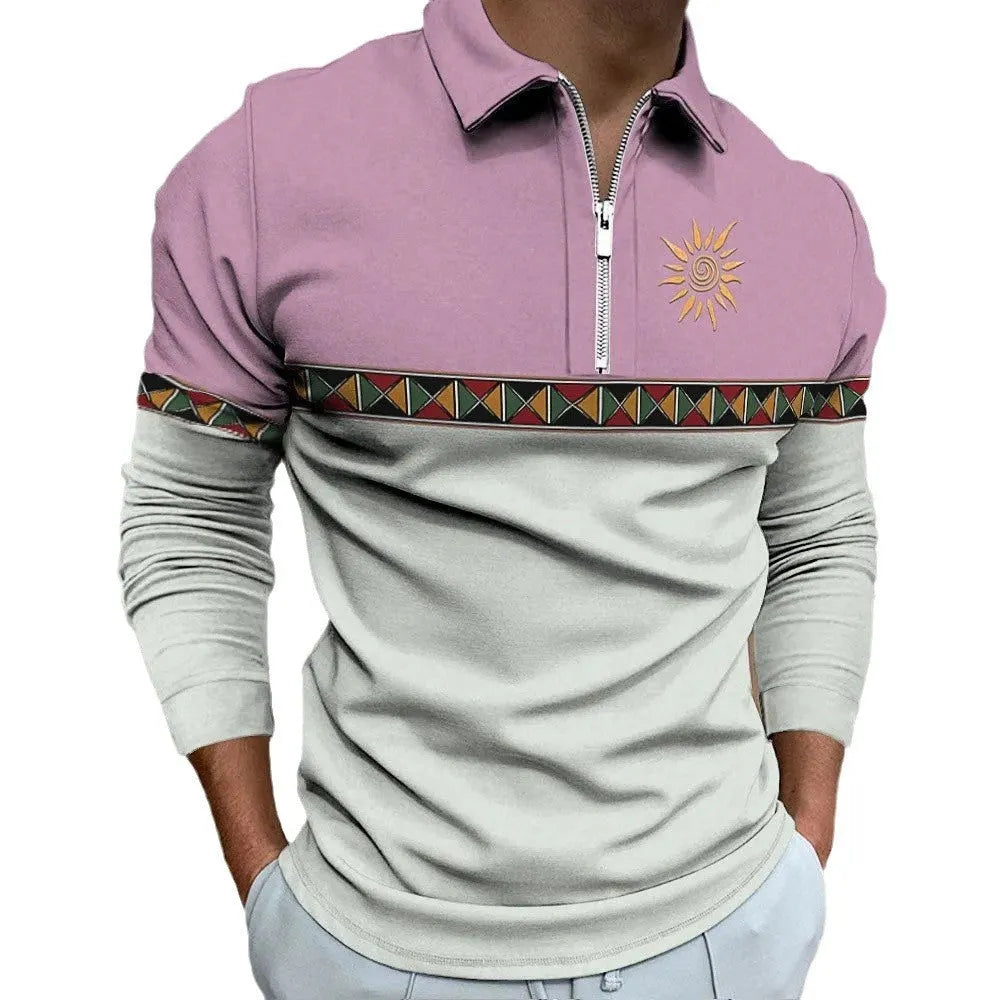 Men's retro printed long sleeve golf top with striped pattern and zipper decoration in loose fit