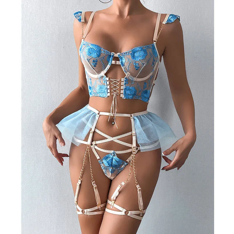 Light blue lace embroidered transparent bra and brief set with three-point mesh panels