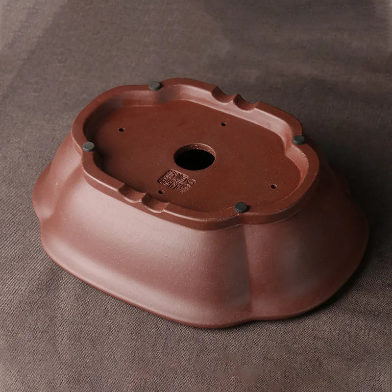 Handmade purple clay Chinese style bonsai basin measuring 25cm by 20cm by 7cm