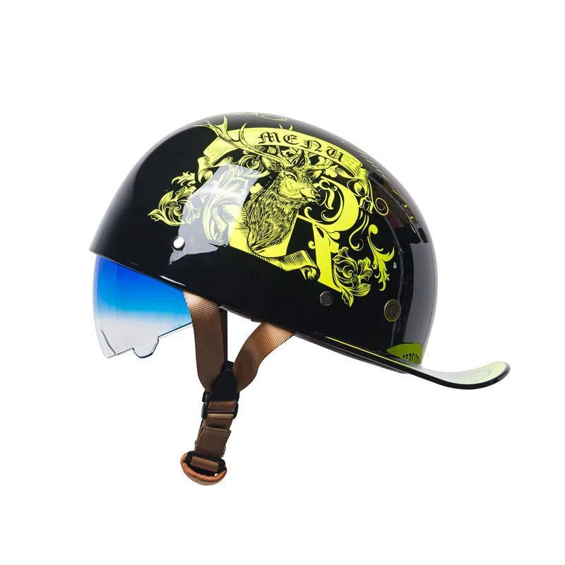 Men's retro-style half helmet for electric bicycles in bright black gradient blue colour
