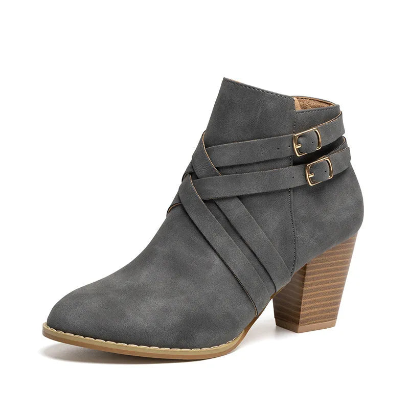 Women's plus size short boots with 7cm heels in black, brown, or grey with side zipper and belt buckle