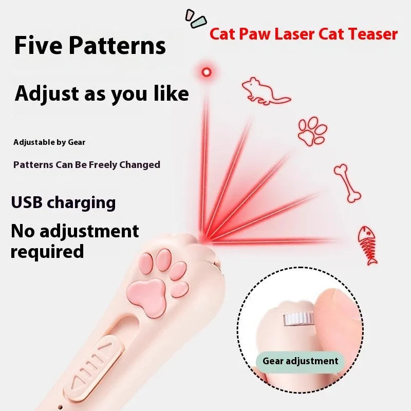 Cat teasing pen light toy with LED light in cream white, pink, or blue plastic