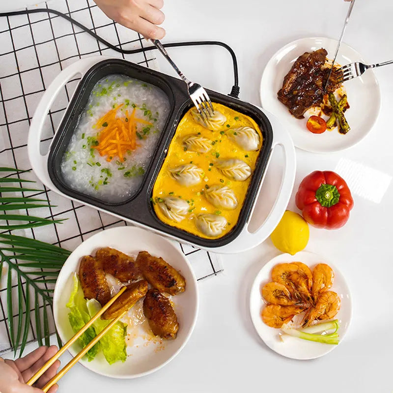 White or green electric hot pot appliance with dual caldron and frying oven functions for 2-3 people
